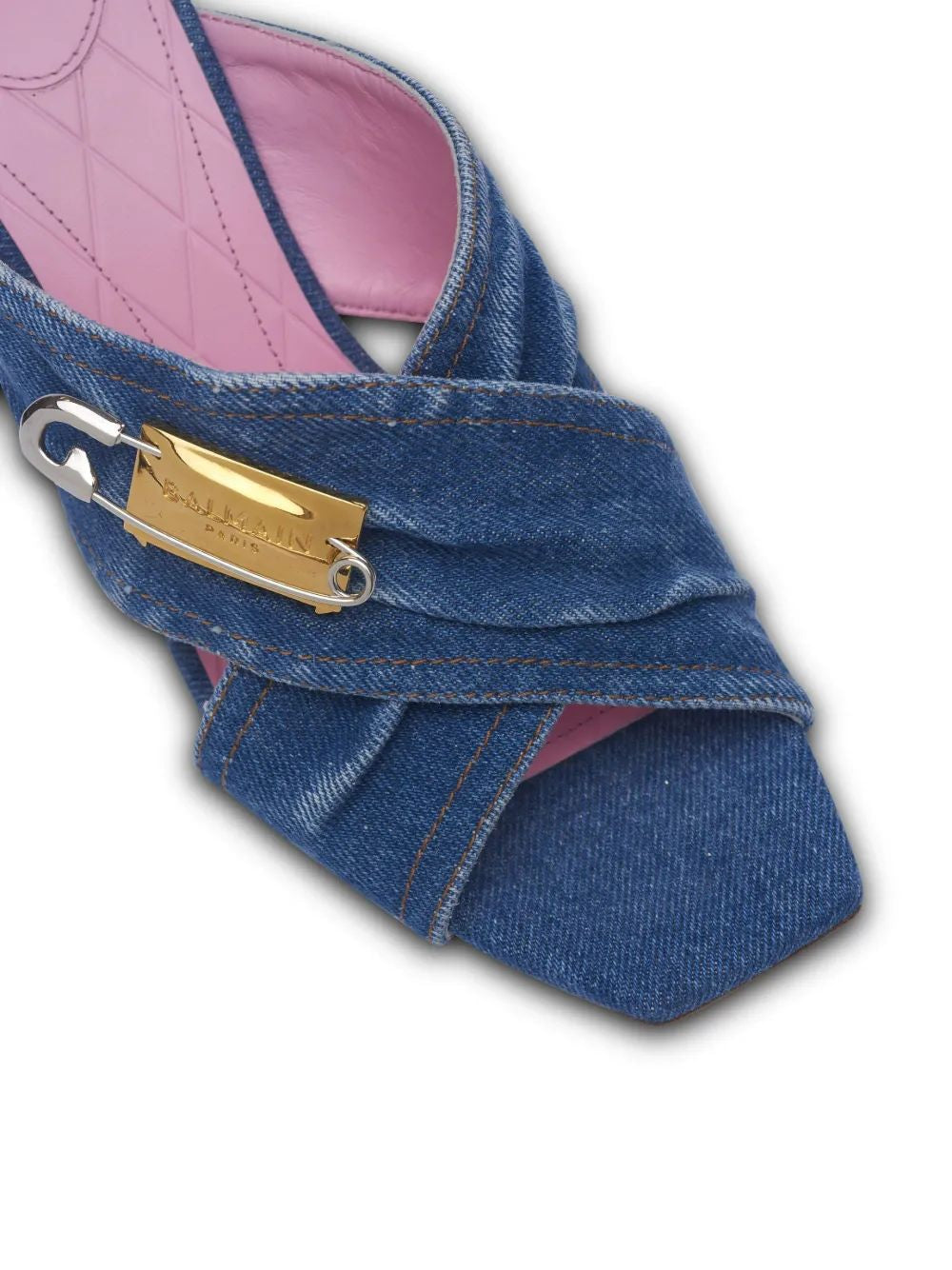 BALMAIN Mini Flat Safety Pin Denim Sandals for Women