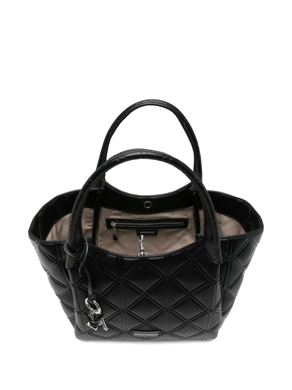 EMPORIO ARMANI Quilted Pattern Leather Shopping Handbag with Top Handles and Logo Charm Detail