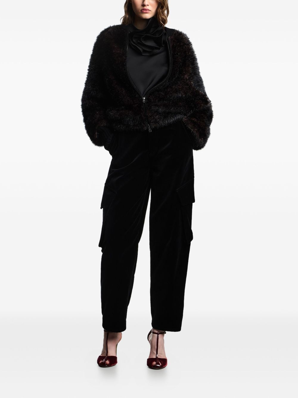 EMPORIO ARMANI Satin Ruffled Neckline High Neck Top