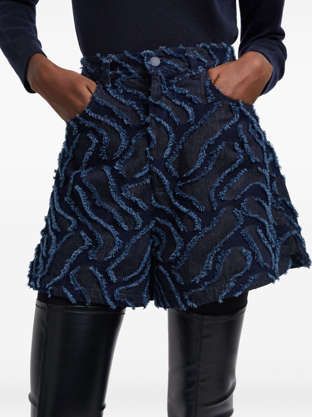 EMPORIO ARMANI High Waist Frayed Edge Shorts with Abstract Pattern