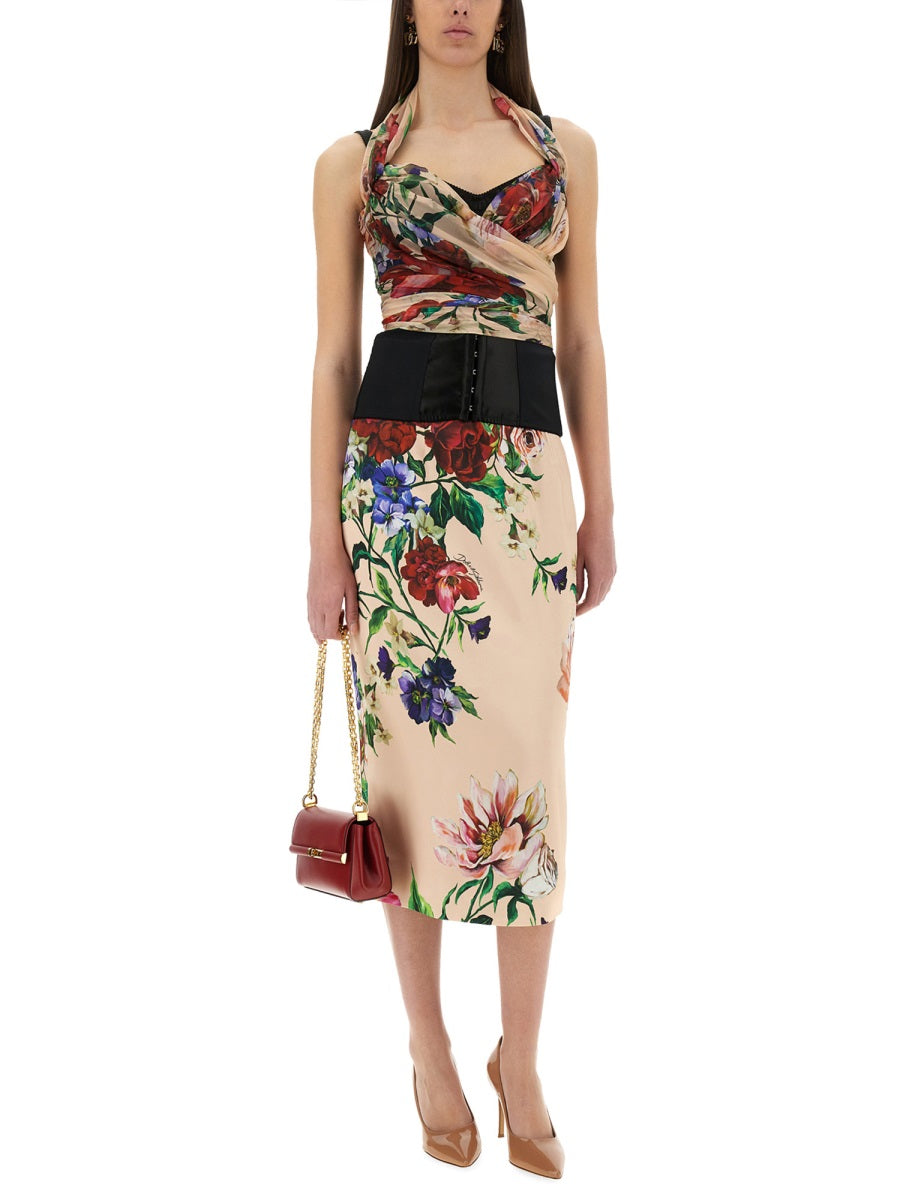 DOLCE & GABBANA Floral Print Satin Midi Pencil Skirt - Size 42