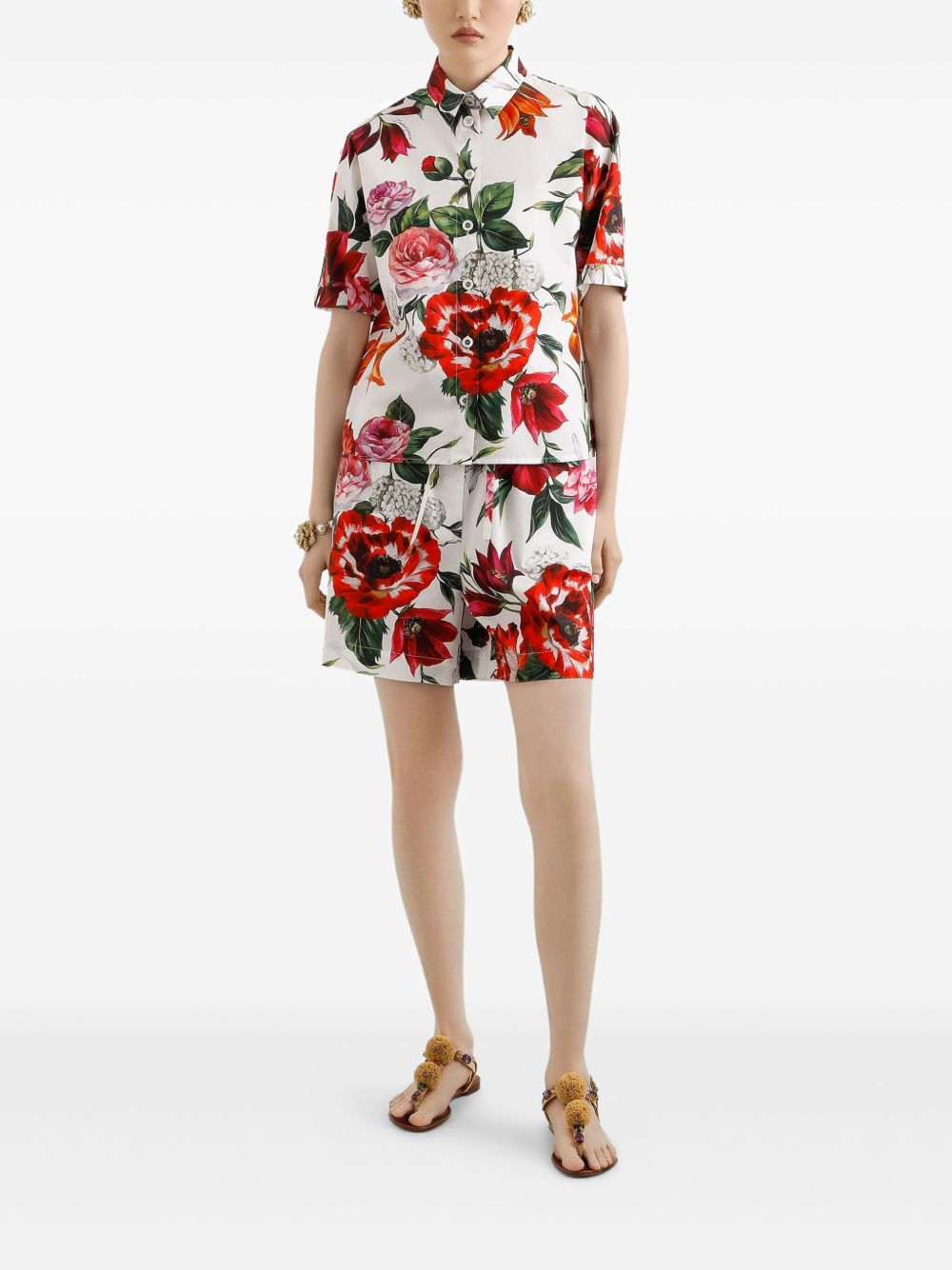 DOLCE & GABBANA Short Sleeve Floral Print Poplin Shirt - Size 40