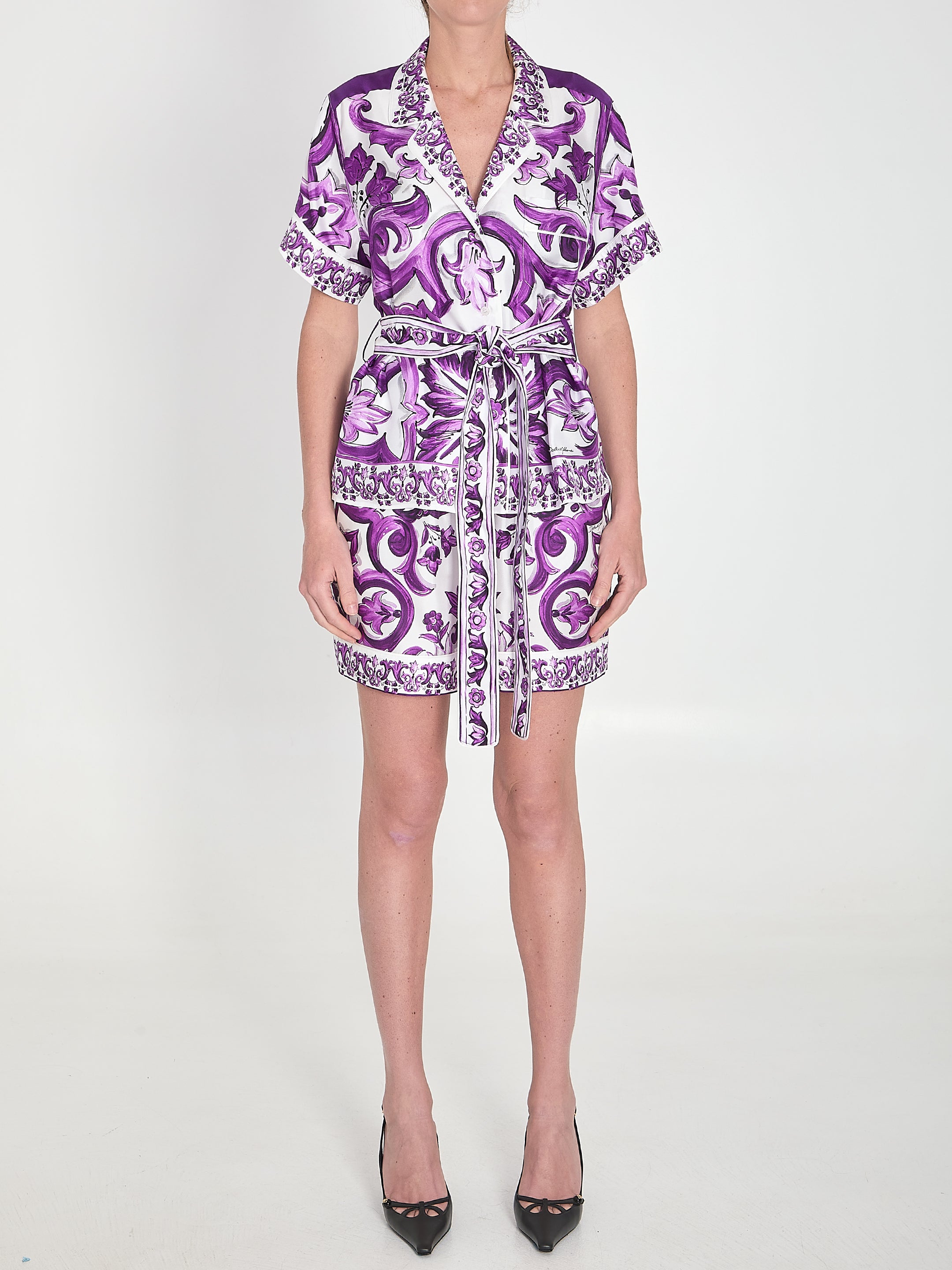 DOLCE & GABBANA Short Sleeve Silk Twill Shirt with Maiolica Print - Size IT 42