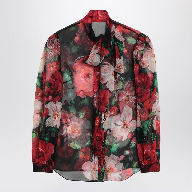 DOLCE & GABBANA Chiffon Floral Print Shirt with Bow