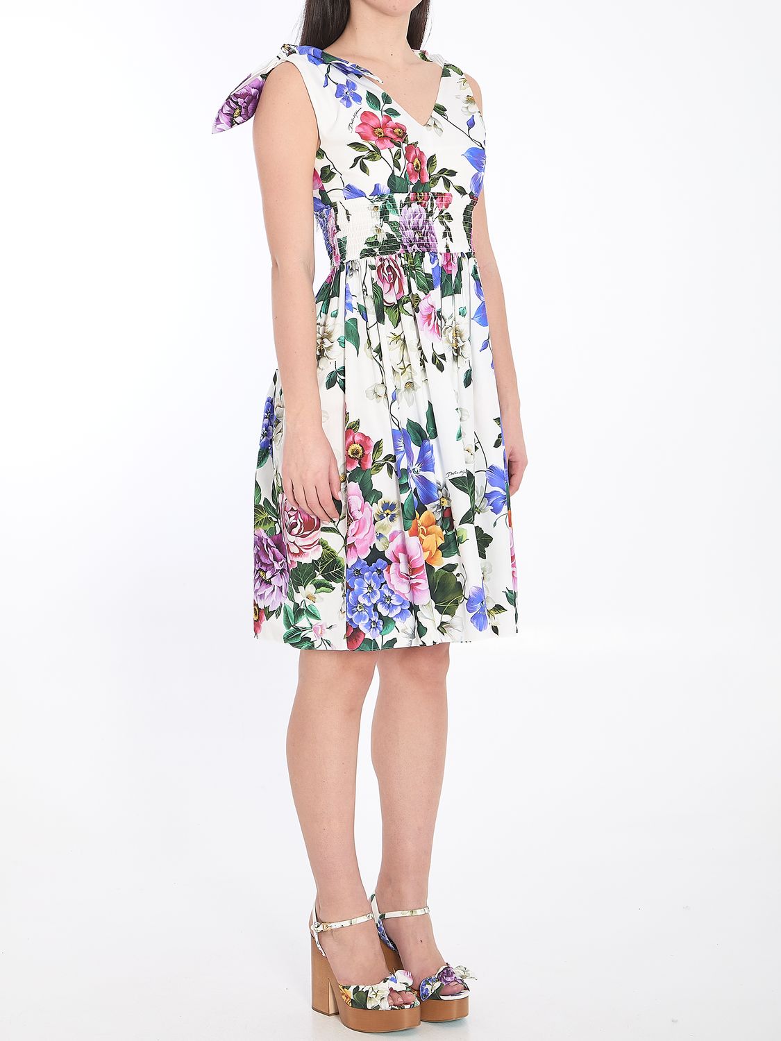 DOLCE & GABBANA Floral Midi Dress with Decorative Knots and V-Neck