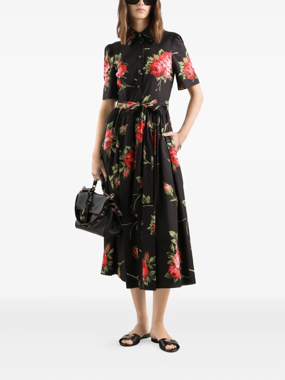 DOLCE & GABBANA Rose Bouquet-Print Poplin Mini Shirt Dress