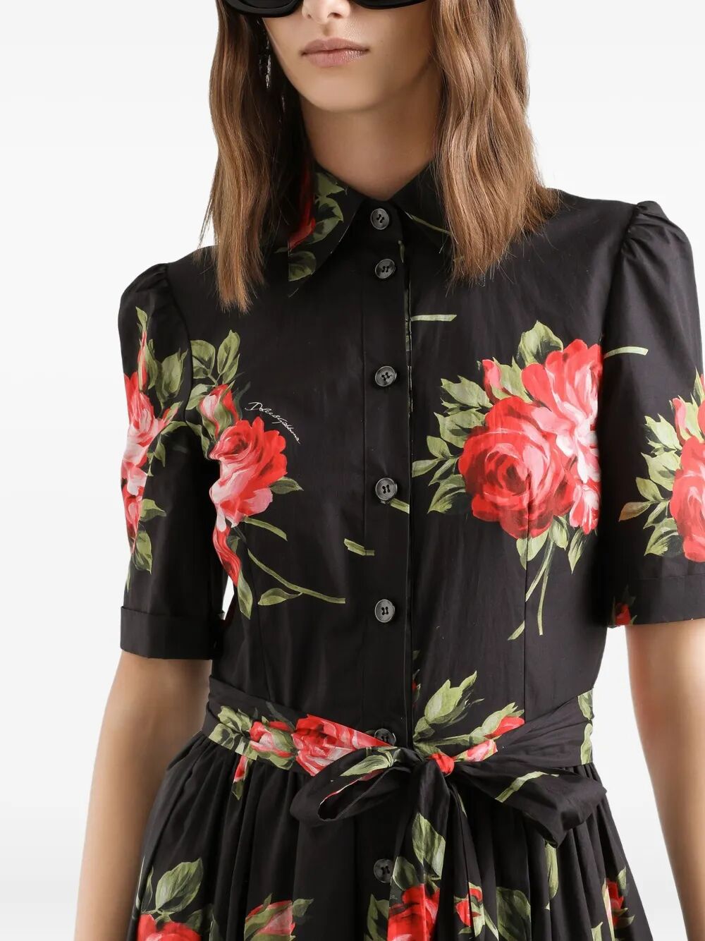 DOLCE & GABBANA Rose Bouquet-Print Poplin Mini Shirt Dress
