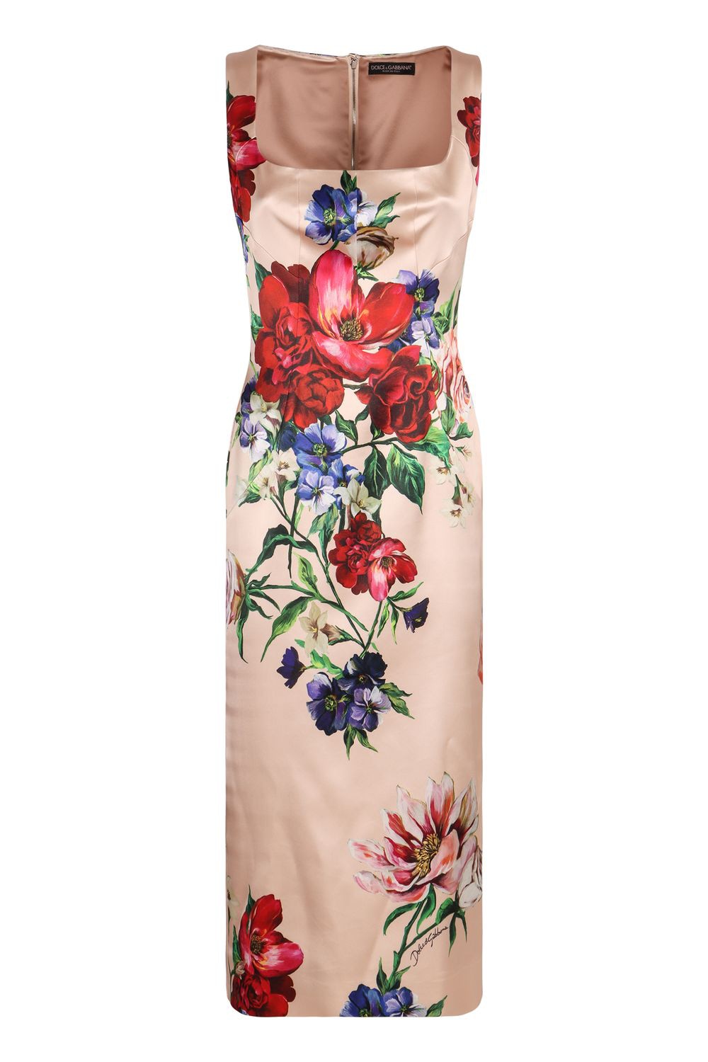 DOLCE & GABBANA Floral Printed Satin Dress with Sweetheart Neckline