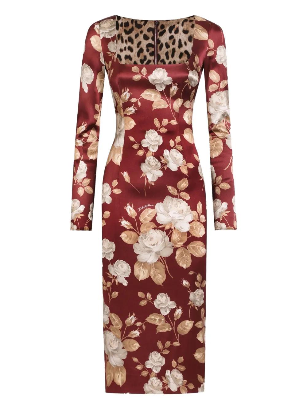DOLCE & GABBANA Rose Print Midi Dress with Square Neckline