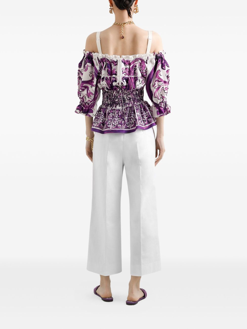 DOLCE & GABBANA Majolica-Print Poplin Top with Ruffle Hem - Size 40