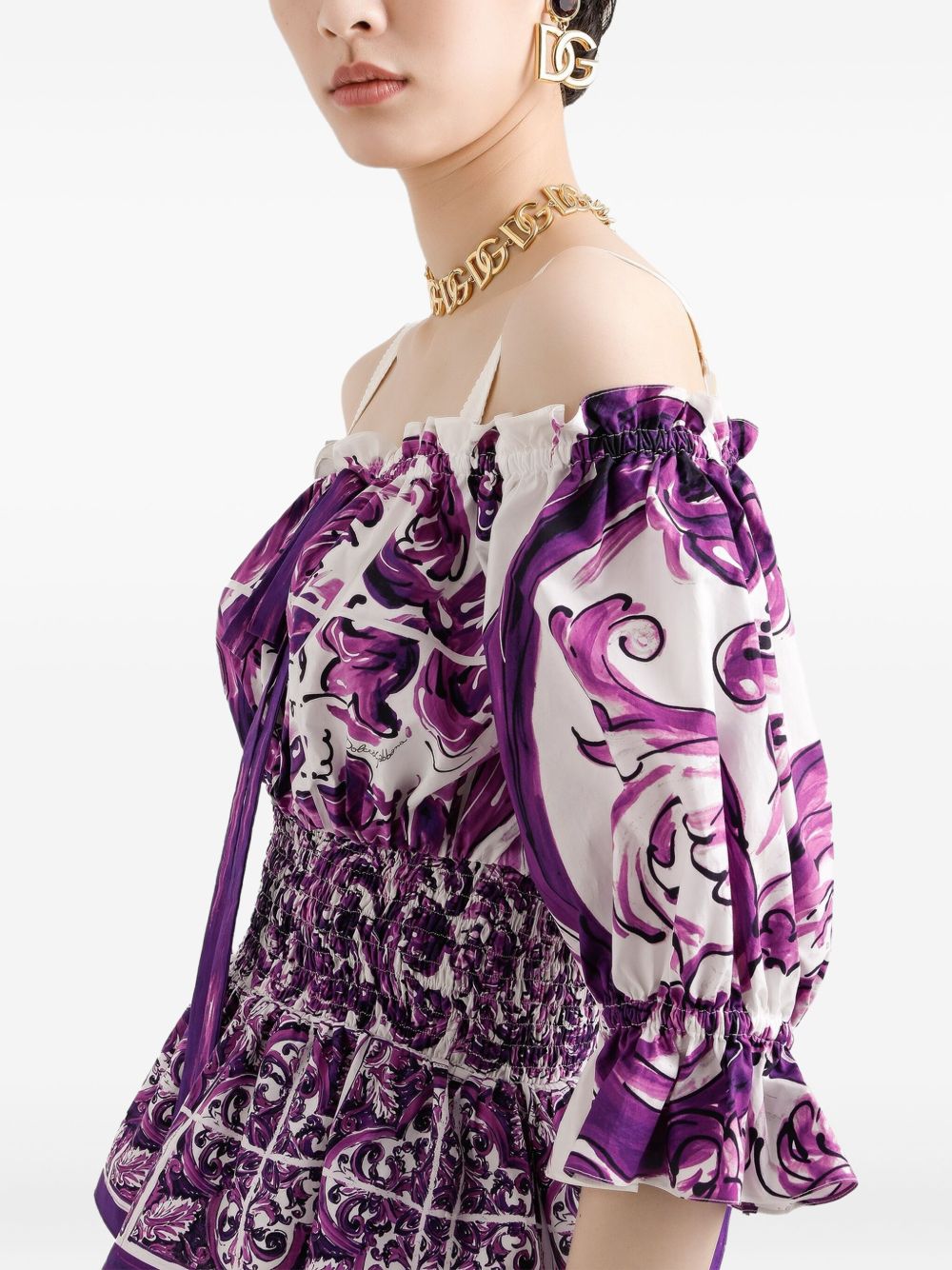 DOLCE & GABBANA Majolica-Print Poplin Top with Ruffle Hem - Size 40