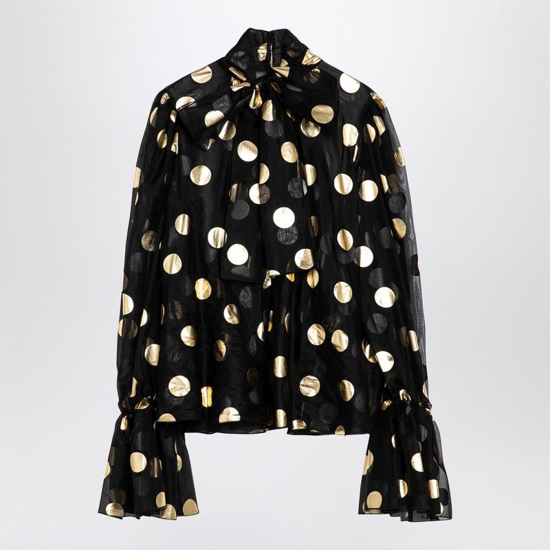 DOLCE & GABBANA Silk Light Knit Polka Dot Blouse with Knot Bow
