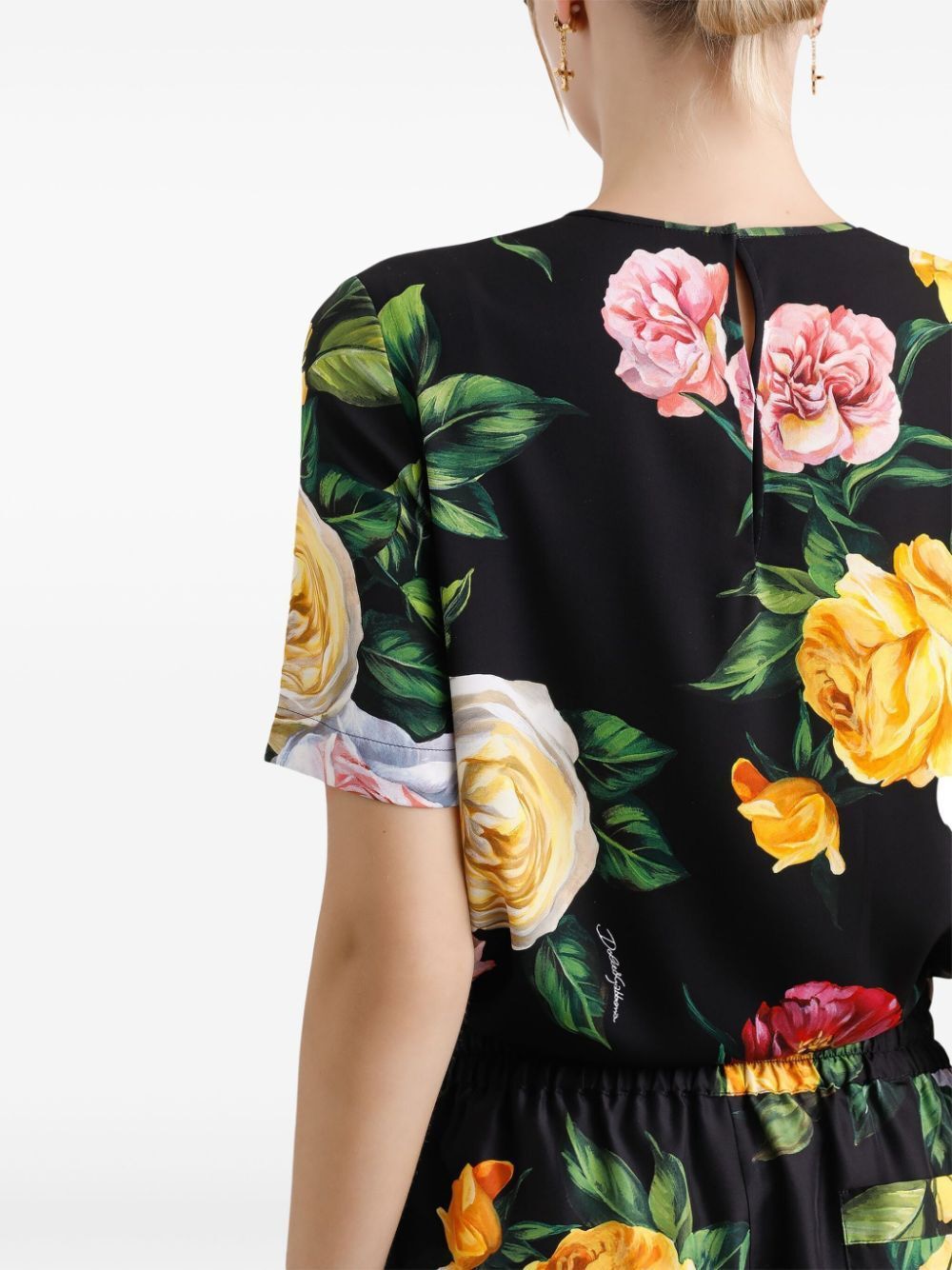 DOLCE & GABBANA Peony and Rose Print Silk Charmeuse Blouse