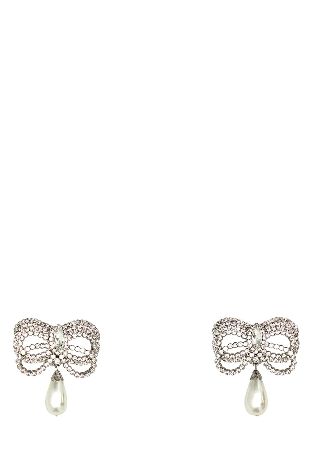 ALESSANDRA RICH Embellished Metal Bow Earrings with Pendant Pearl
