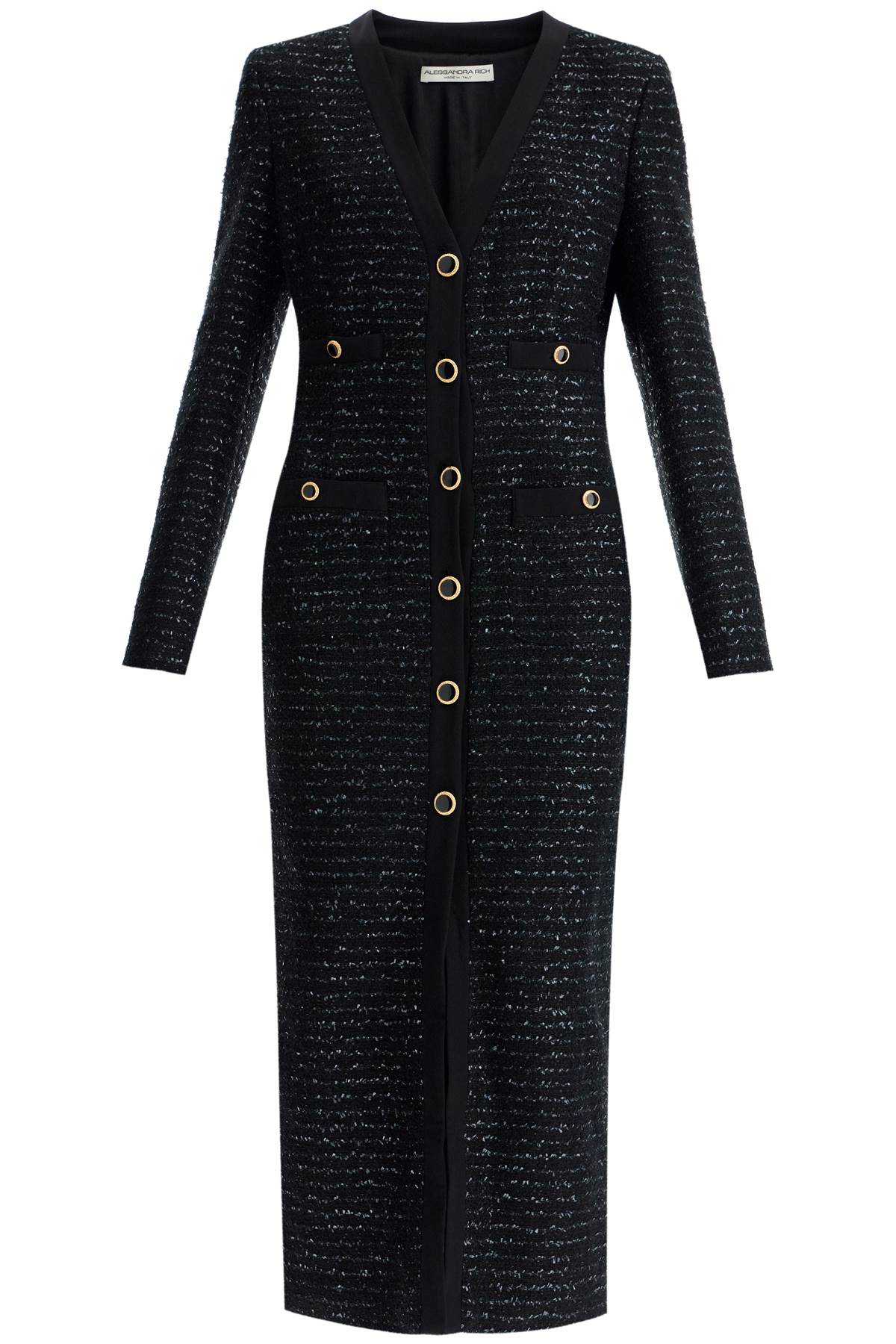 ALESSANDRA RICH Sequin Tweed Midi Dress with Buttons
