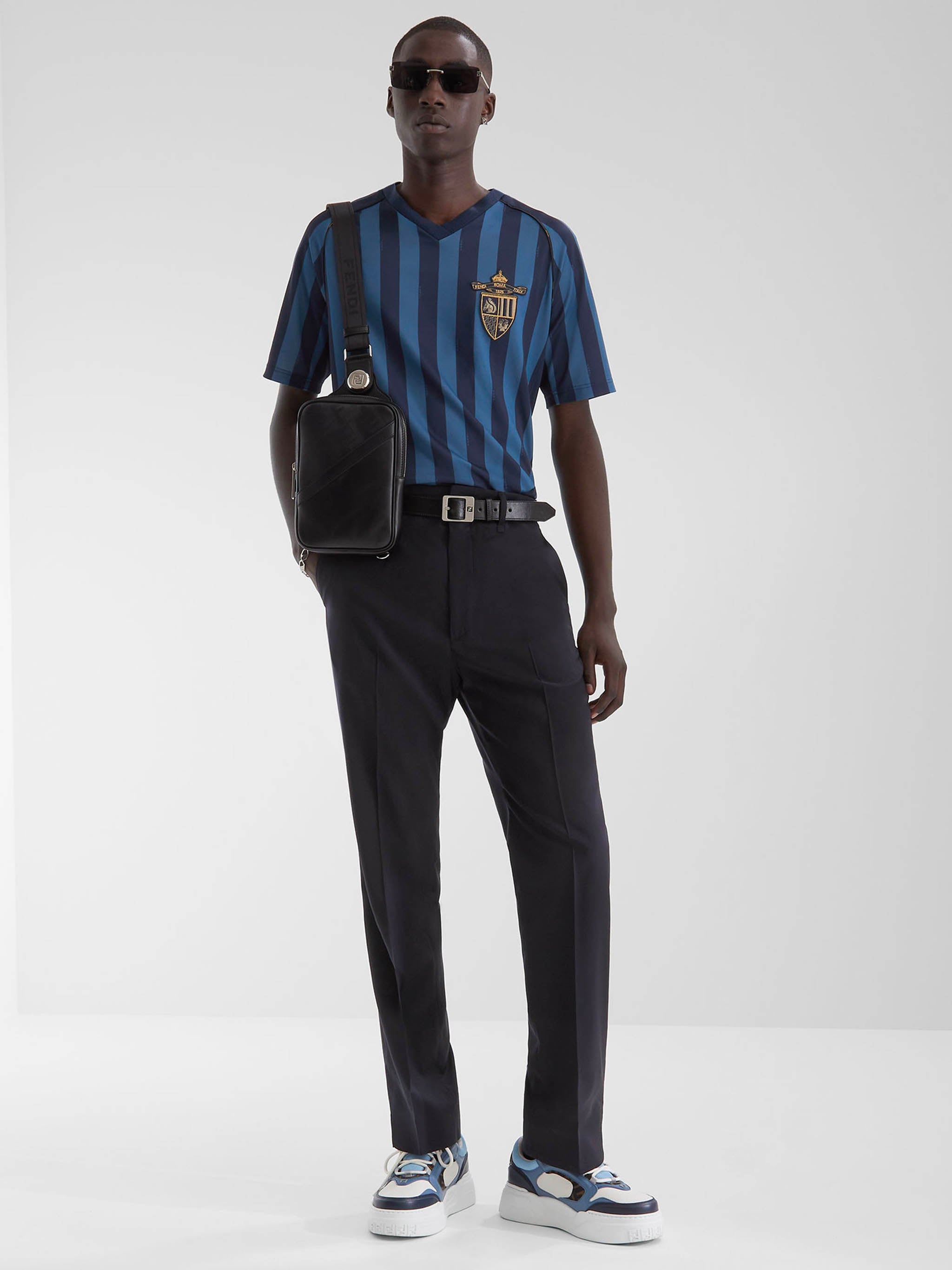 FENDI Men's V-Neck Short Raglan Sleeve Crest T-Shirt (Size M)