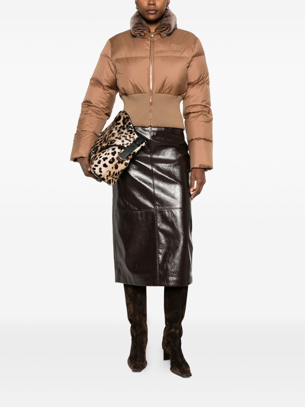 FENDI Short Padded Down Jacket with Shearling Collar
