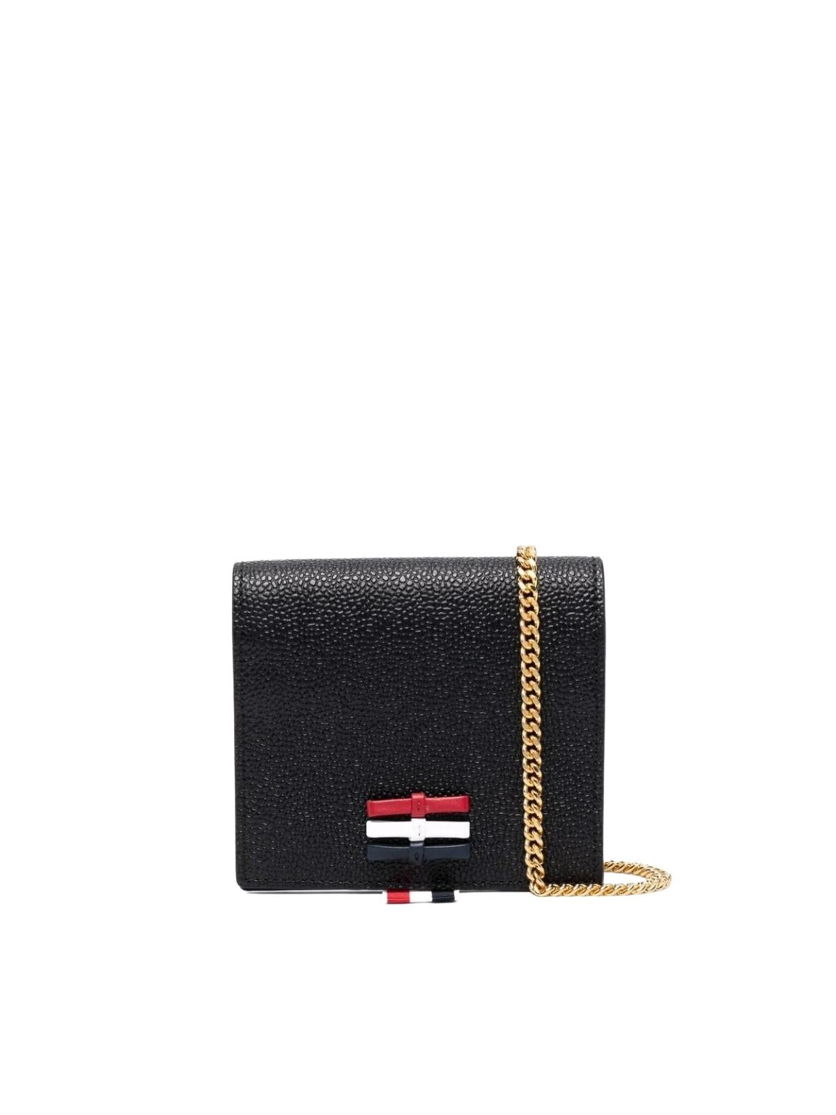 THOM BROWNE Mini Bow Card Holder with Chain Strap in Pebble Grain Leather - L12, H13, W3