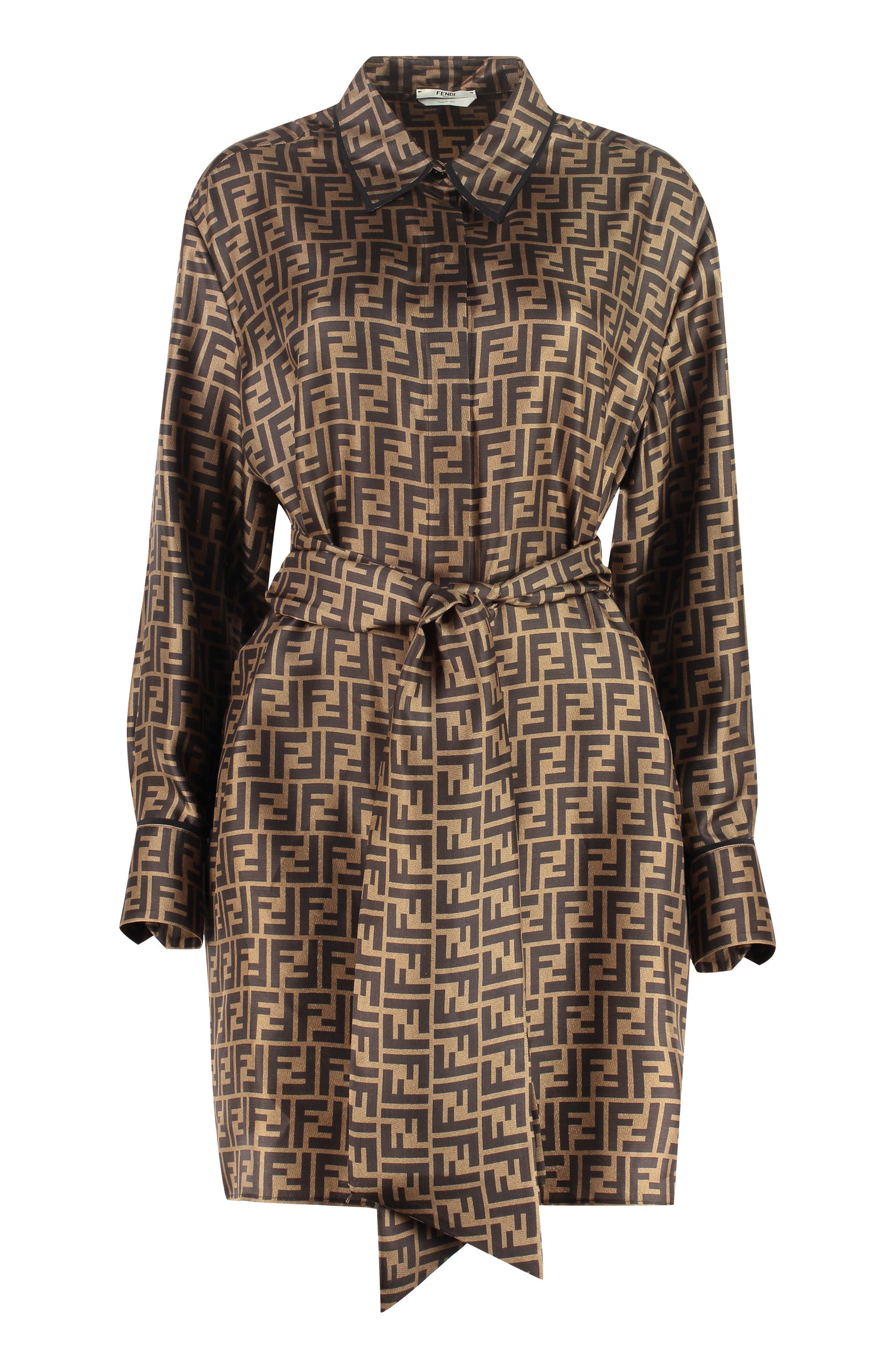 FENDI Silk Shirtdress with Waist Belt and Side Slits