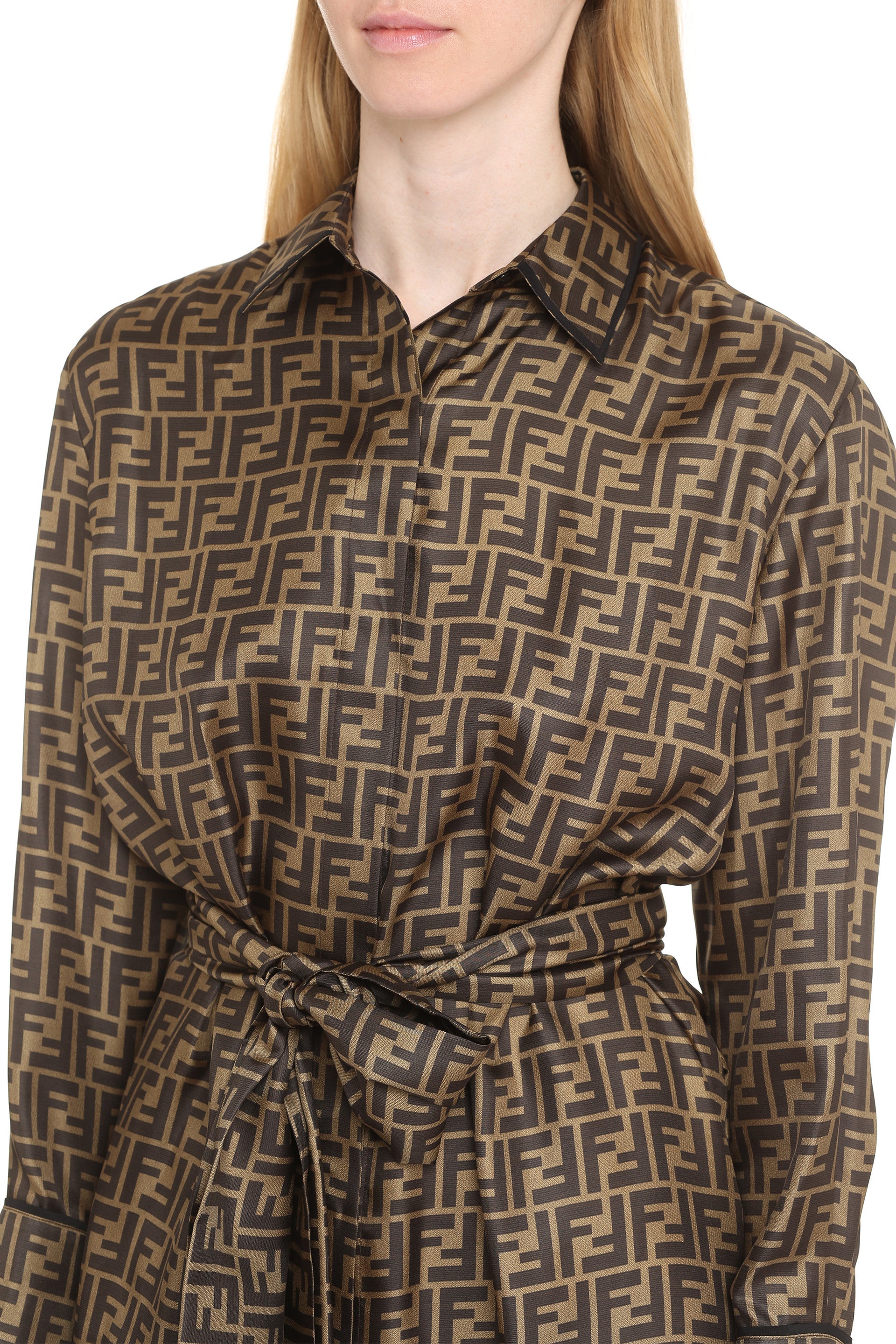FENDI Silk Shirtdress with Waist Belt and Side Slits