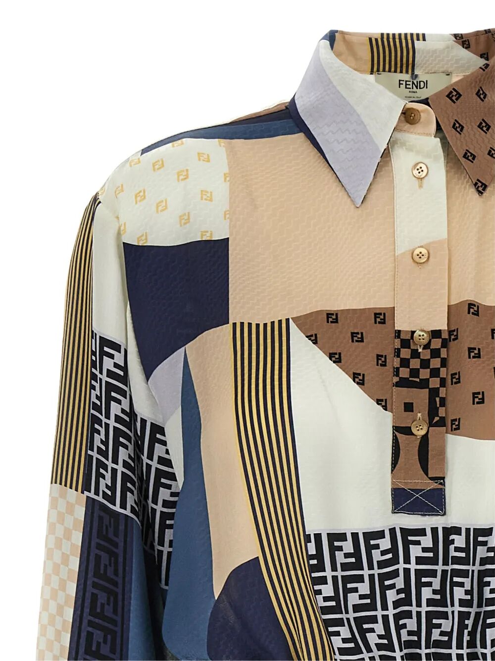 FENDI Patchwork Print Silk Midi Shirt Dress