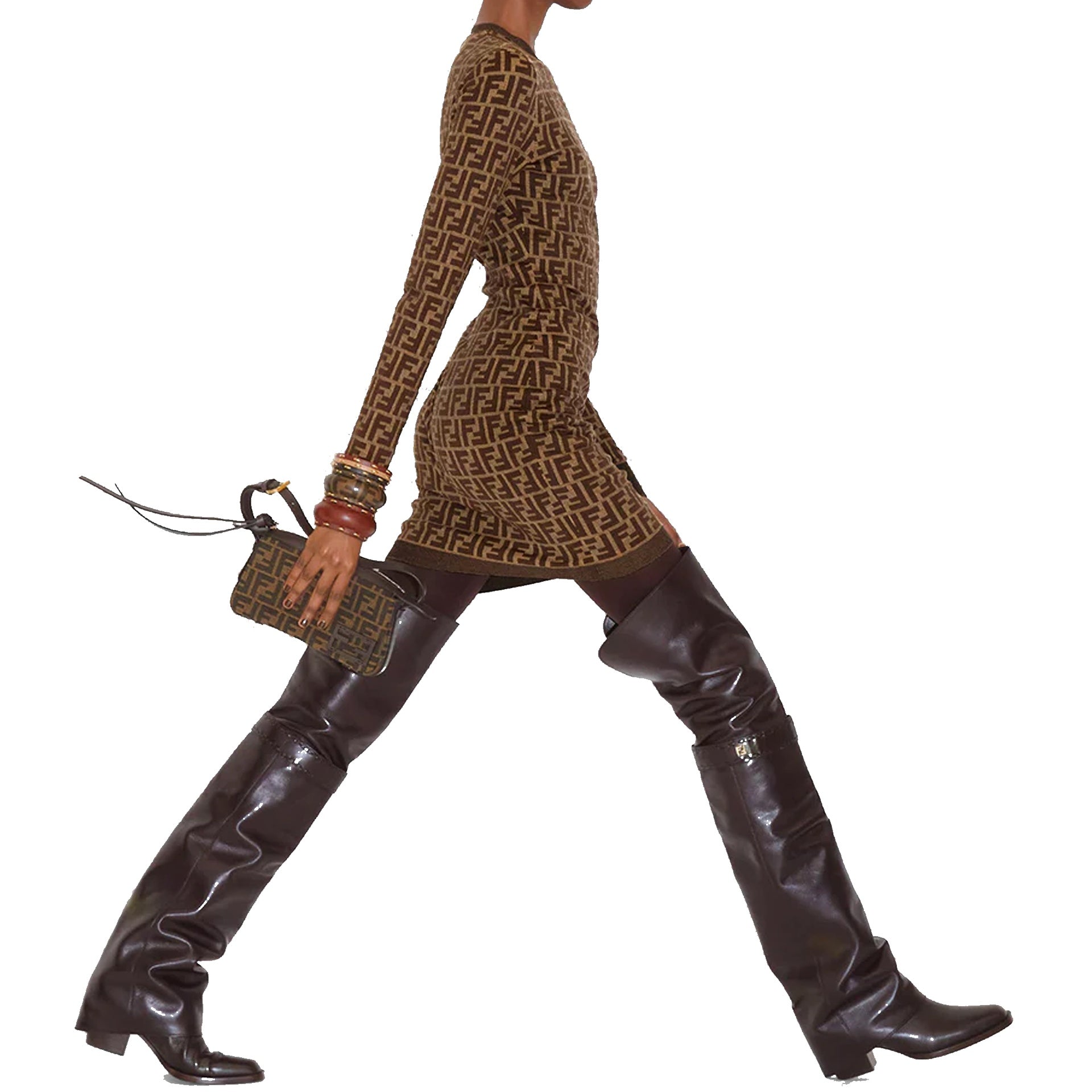 FENDI Fitted Cotton FF Dress with Long Sleeves