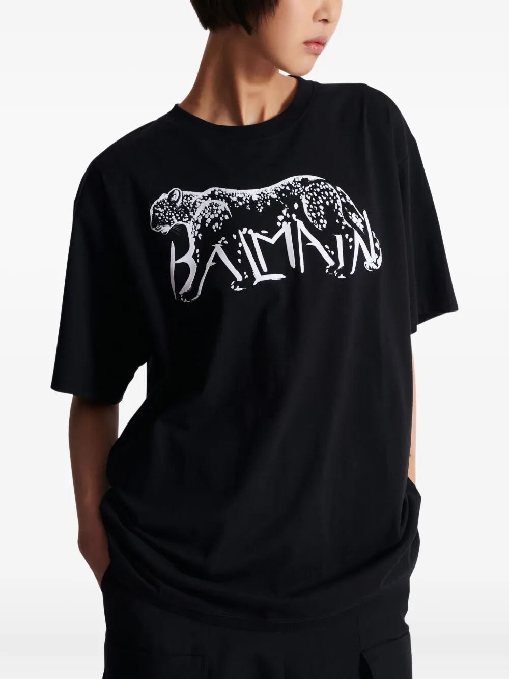 BALMAIN Leopard Print Short Sleeve Crew Neck T-Shirt