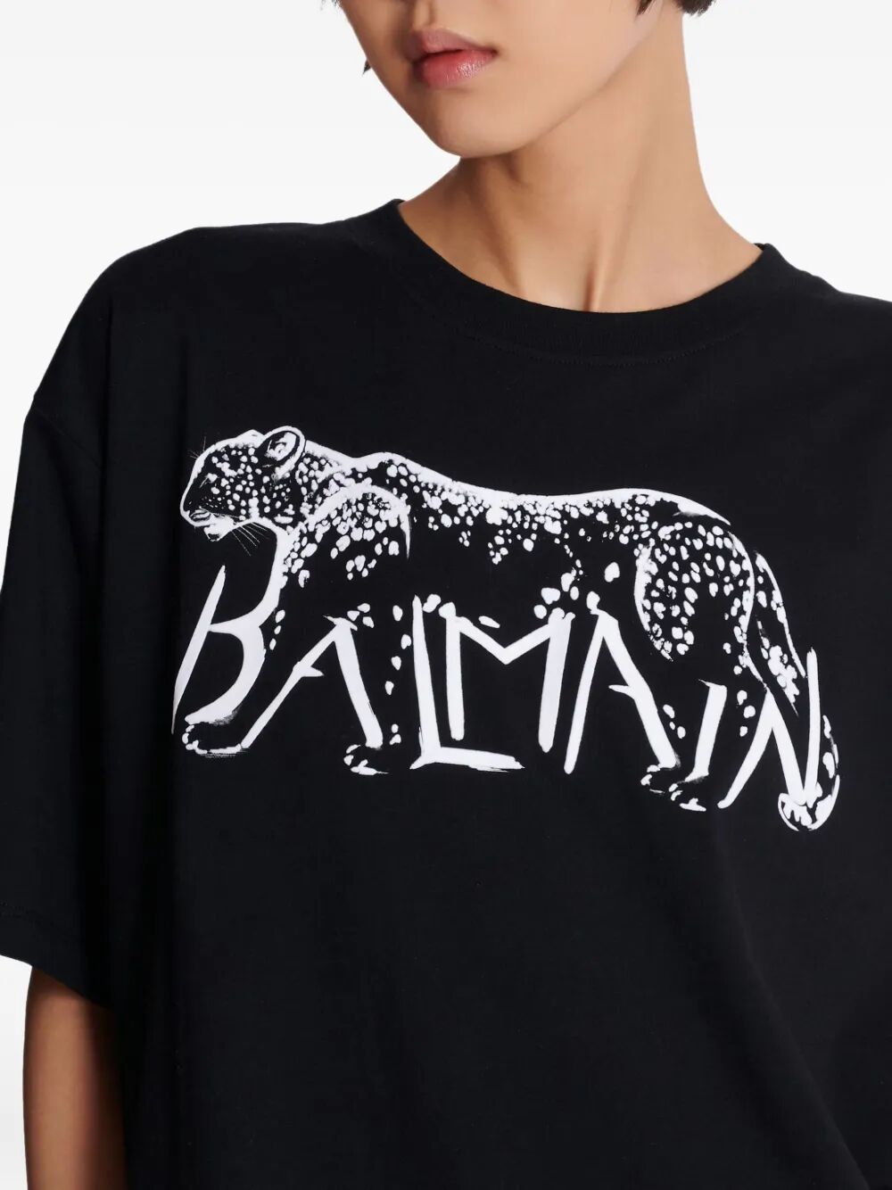 BALMAIN Leopard Print Short Sleeve Crew Neck T-Shirt