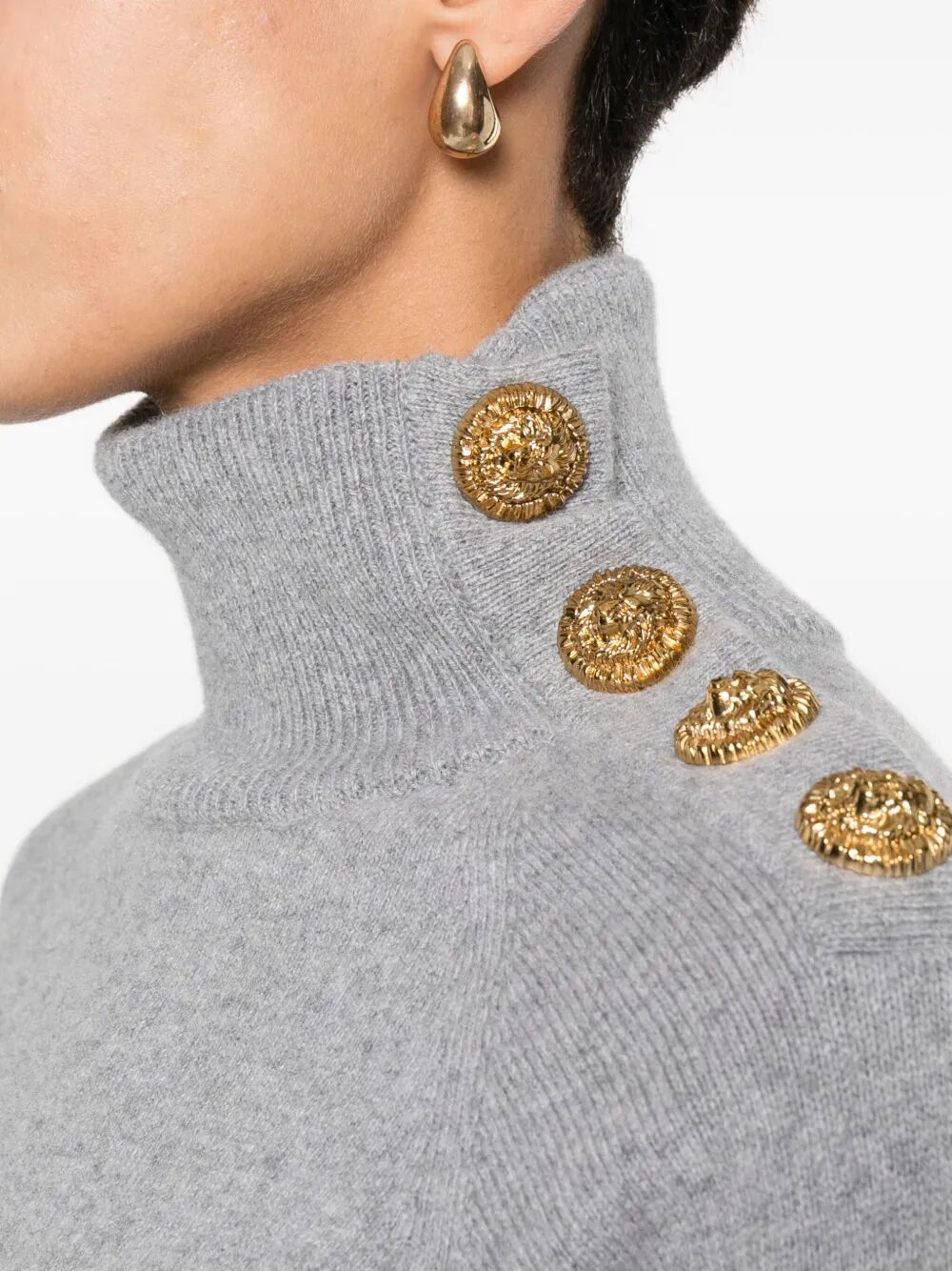 BALMAIN High-Neck Wool Sweater with Gold Buttons - Size 36