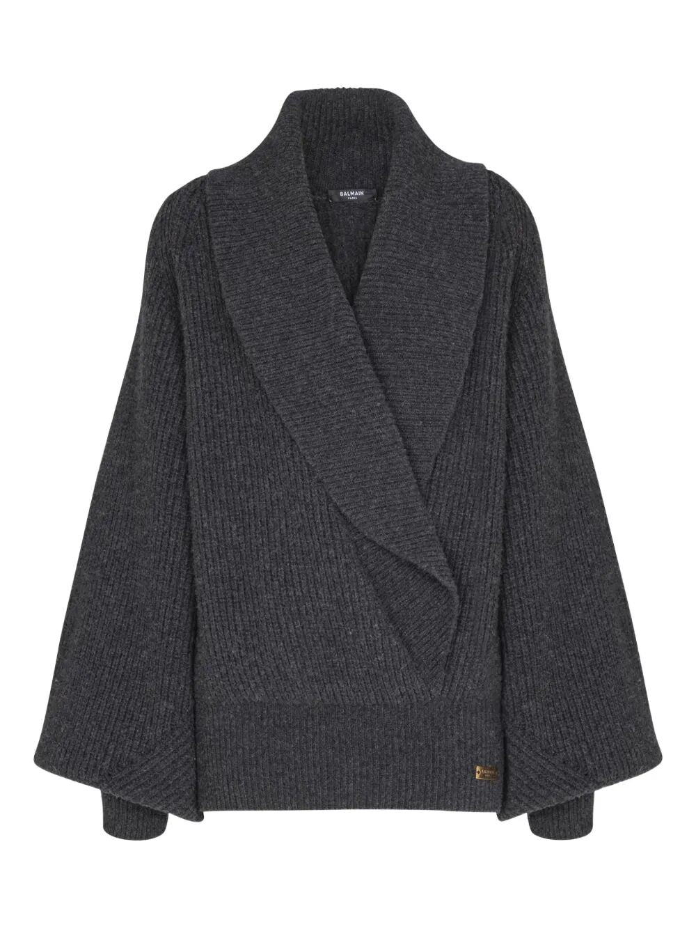 BALMAIN Batwing Open Neck Ribbed Knit Pullover