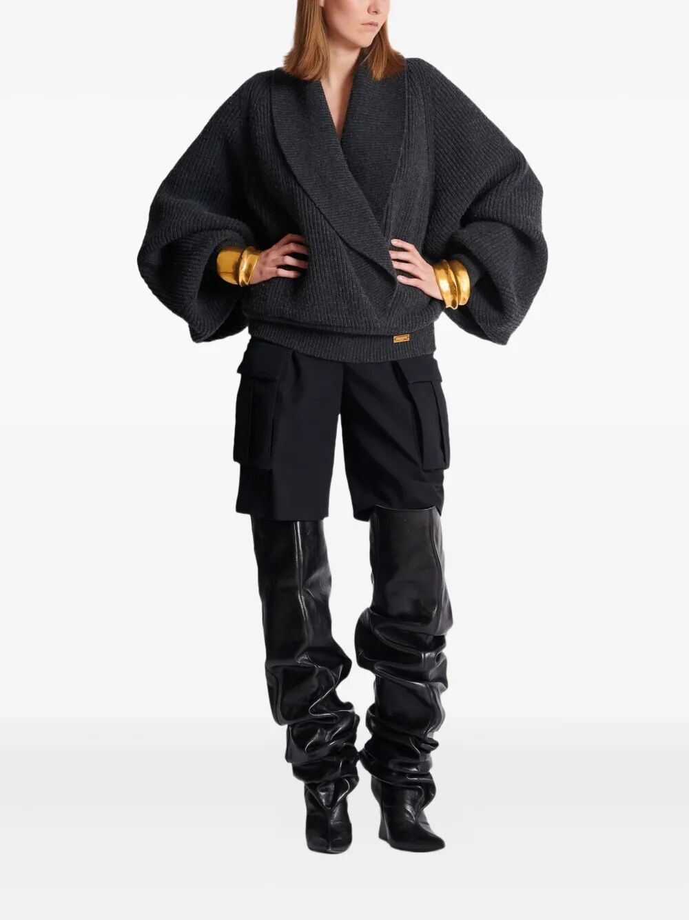 BALMAIN Batwing Open Neck Ribbed Knit Pullover