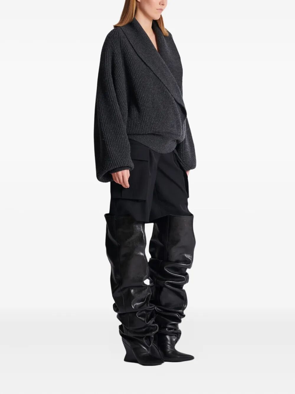 BALMAIN Batwing Open Neck Ribbed Knit Pullover