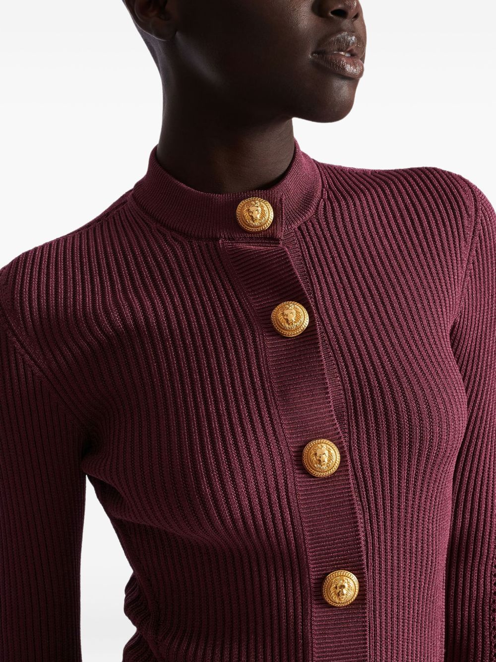 BALMAIN Ribbed Knit Long Sleeve Mock Neck Cardigan