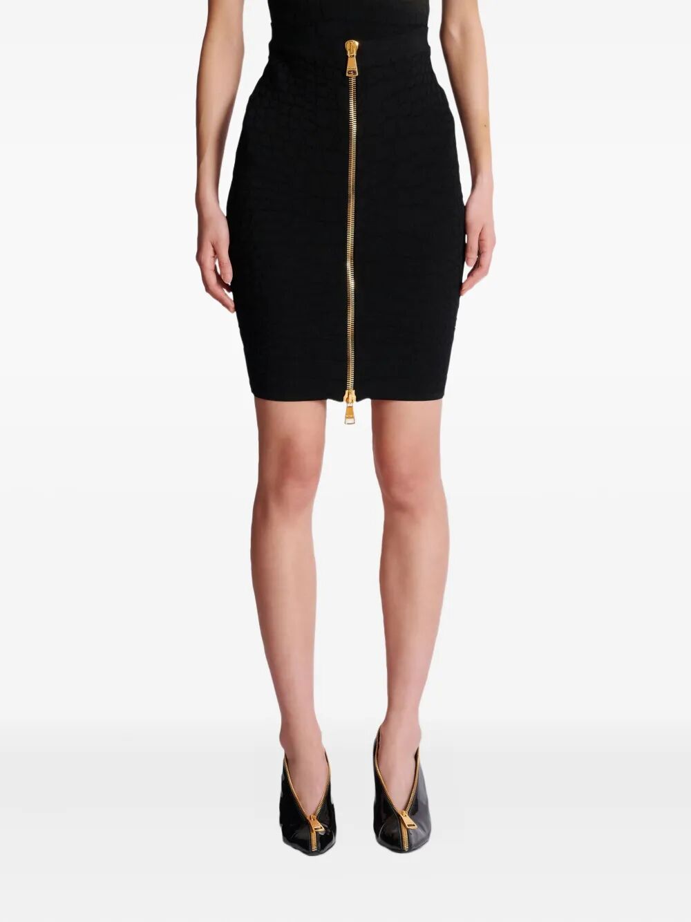 BALMAIN Knee Length Zipped Croco Knit Skirt