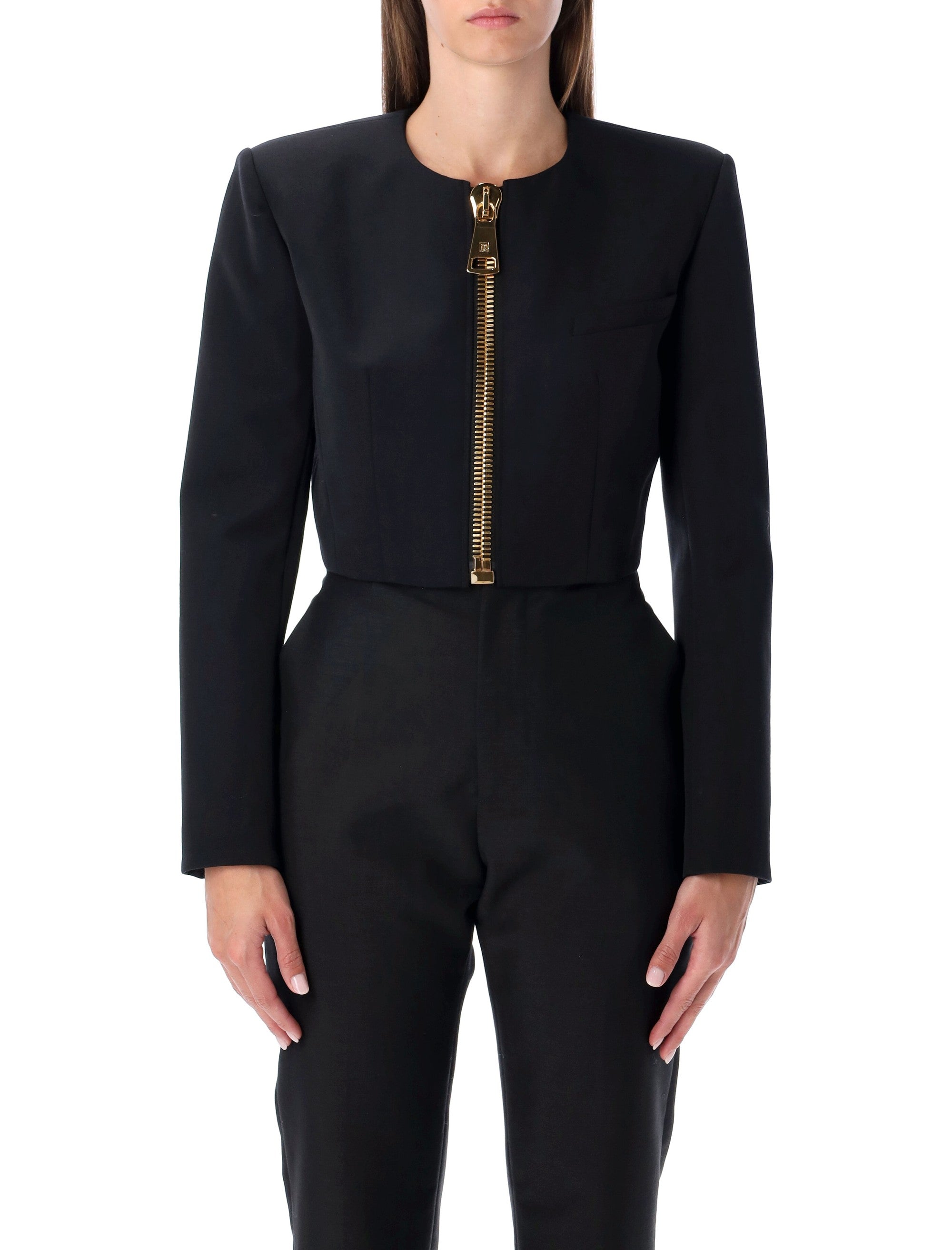 BALMAIN Mini Cropped Wool Jacket with Gold Zip
