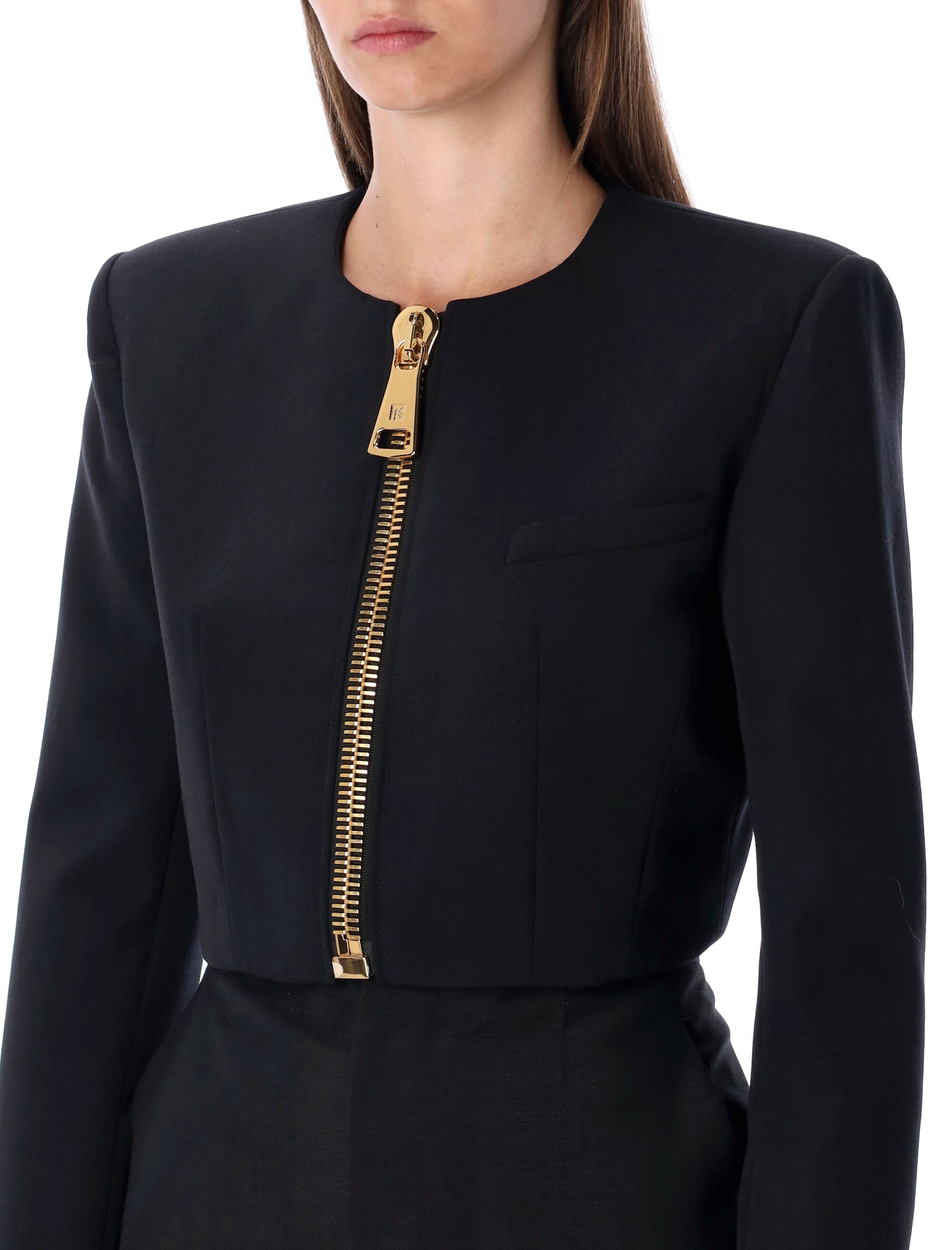 BALMAIN Mini Cropped Wool Jacket with Gold Zip