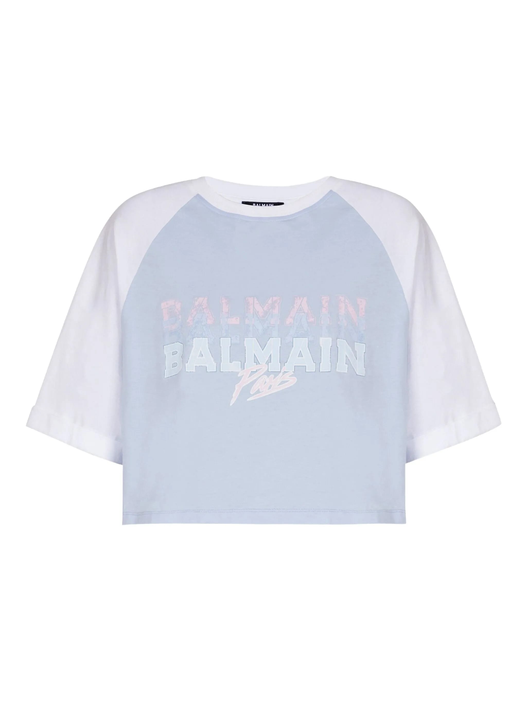 BALMAIN Cropped T-Shirt with Paris Logo Print - Size S