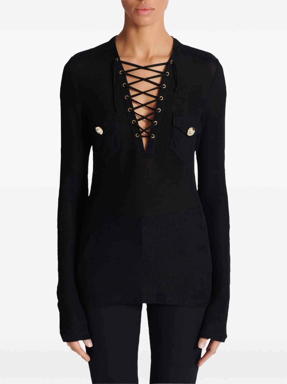 BALMAIN Long-Sleeved Lace-Up Top - Size S