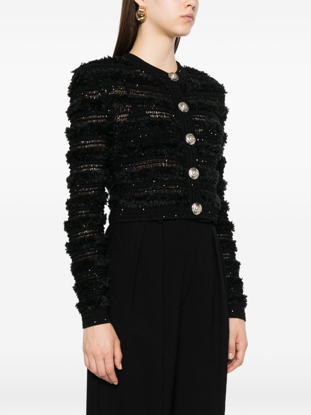 BALMAIN Cropped Tweed Cardigan with Sequin Embellishments for Women