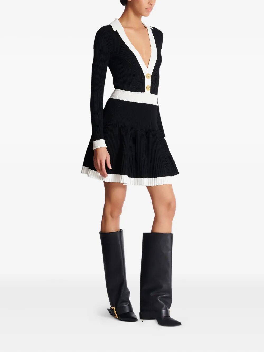 BALMAIN Long Sleeves V-Neck Flare Knit Dress
