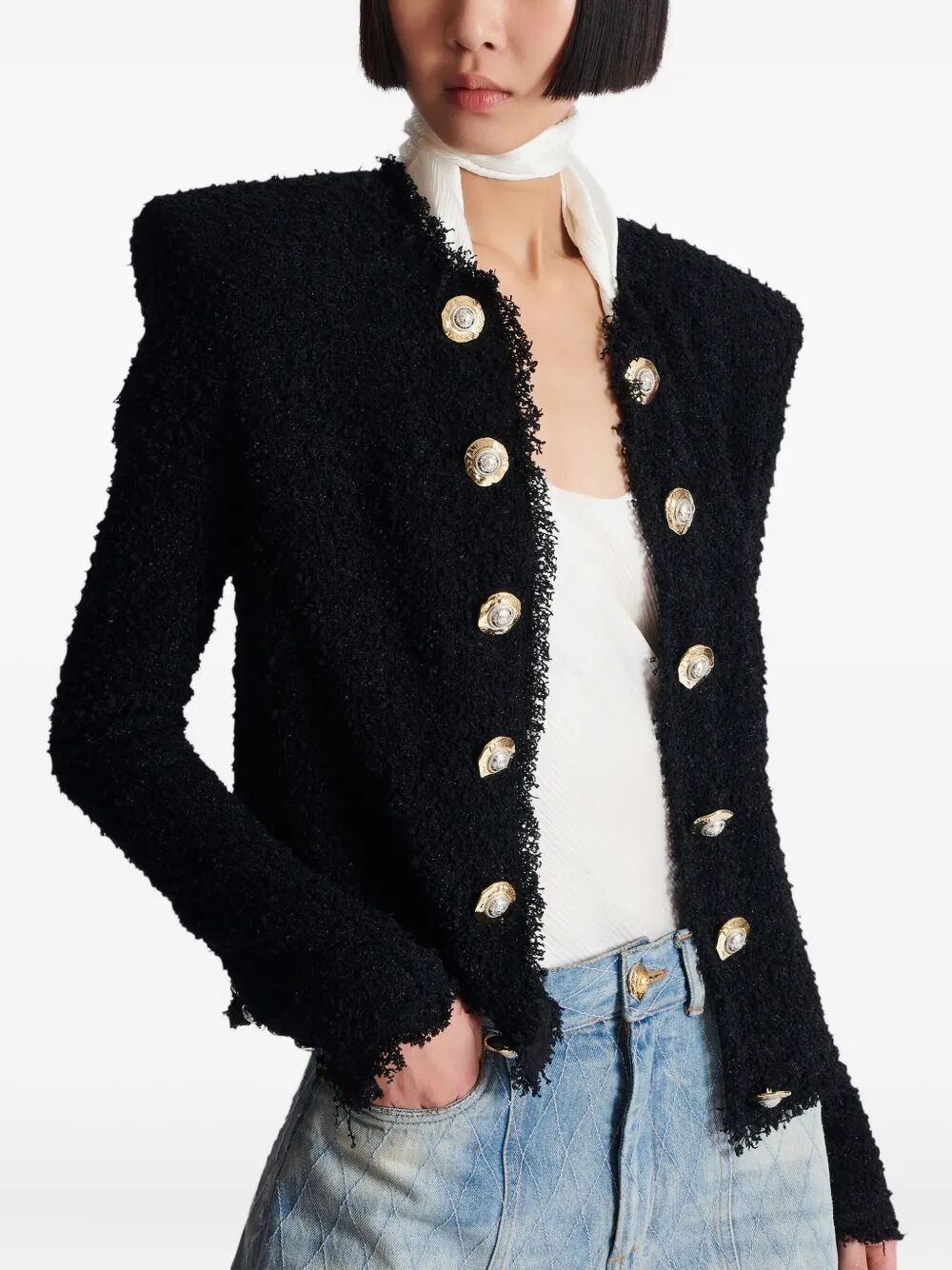 BALMAIN Silky Tweed Jacket with Structured Shoulders - Size 38