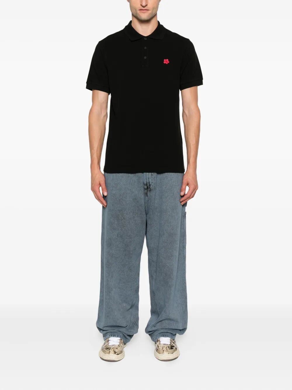 KENZO Slim Piquet Polo Shirt with Embroidered Floral Design