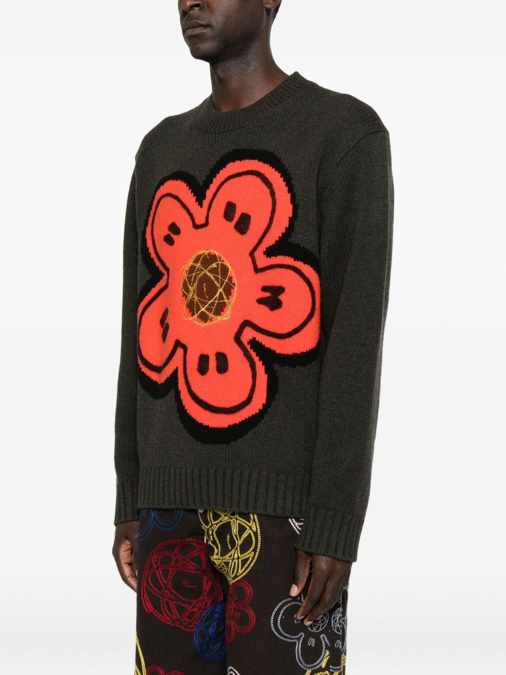 KENZO Wool Crewneck Jumper with Flower Embellishment for Men - FW25