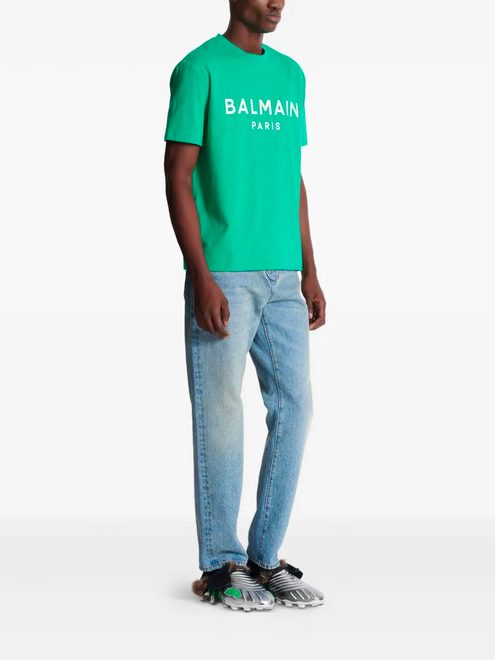 BALMAIN Classic Round Neck T-Shirt with Bold Logo Print - Size M