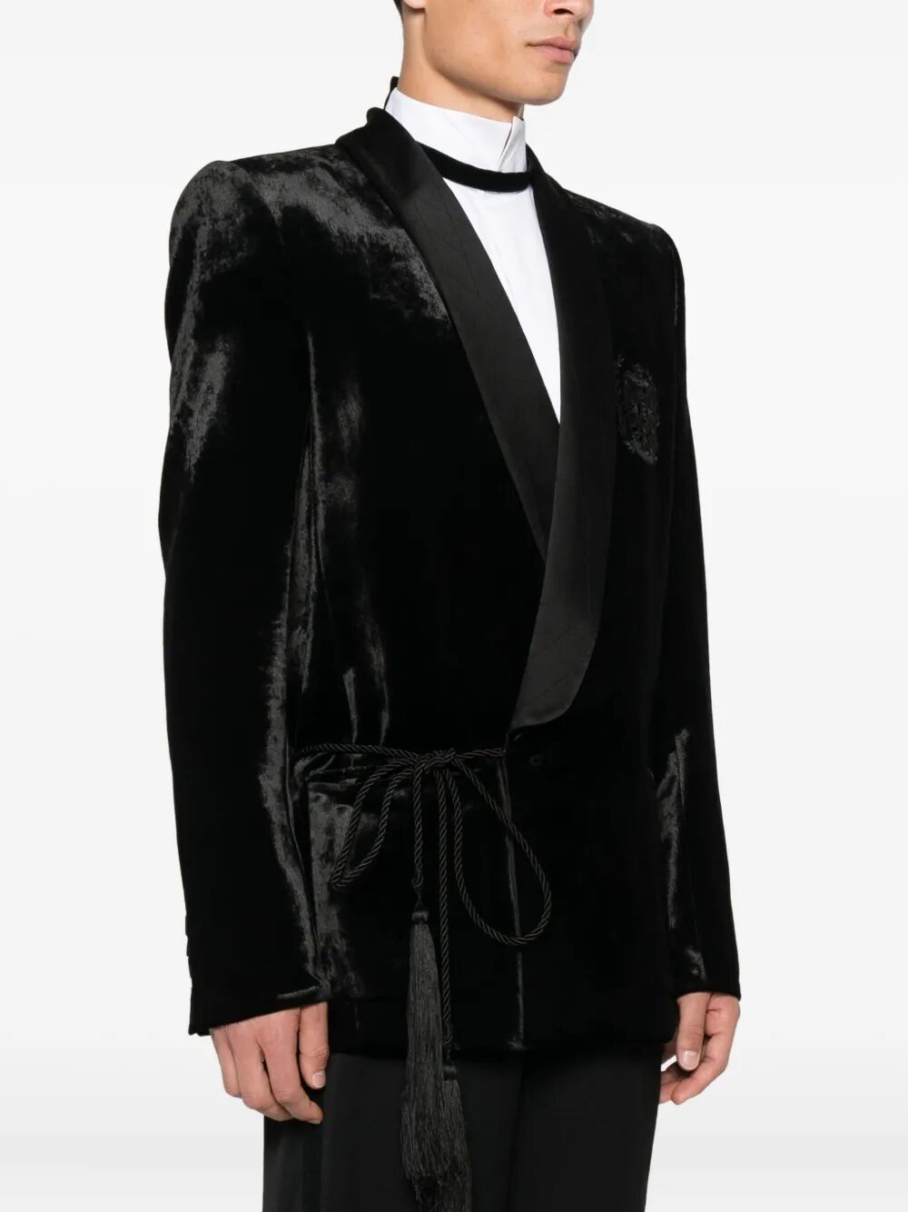 BALMAIN Velvet & Satin Side Belted Jacket with Tassel