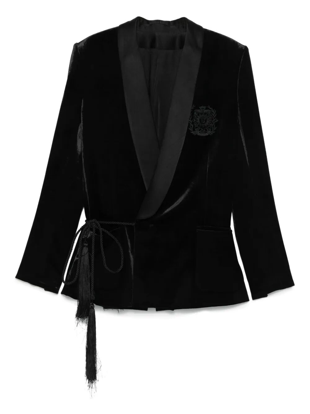 BALMAIN Velvet & Satin Side Belted Jacket with Tassel
