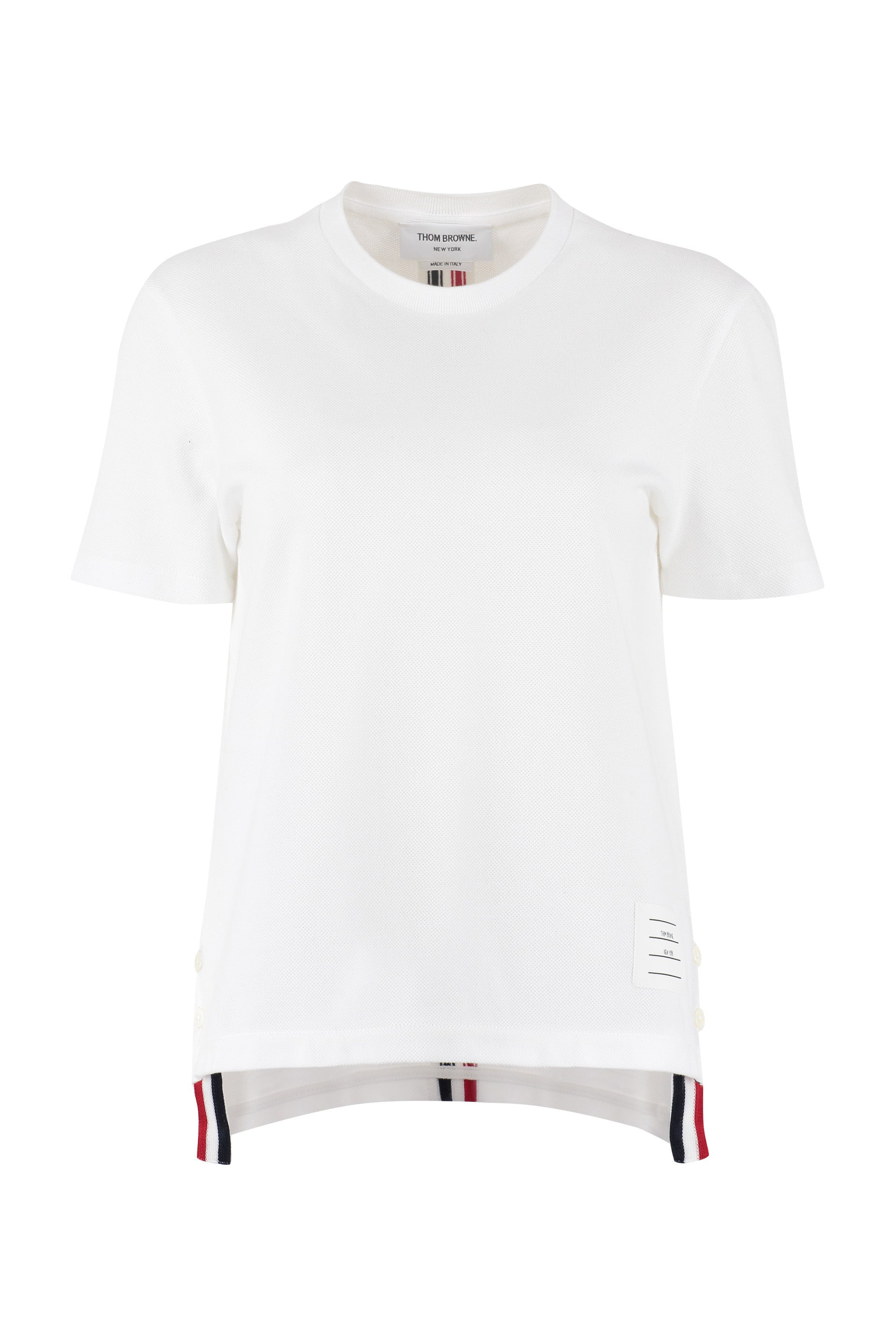 THOM BROWNE Cotton Piqué T-Shirt with Tricolor Detail