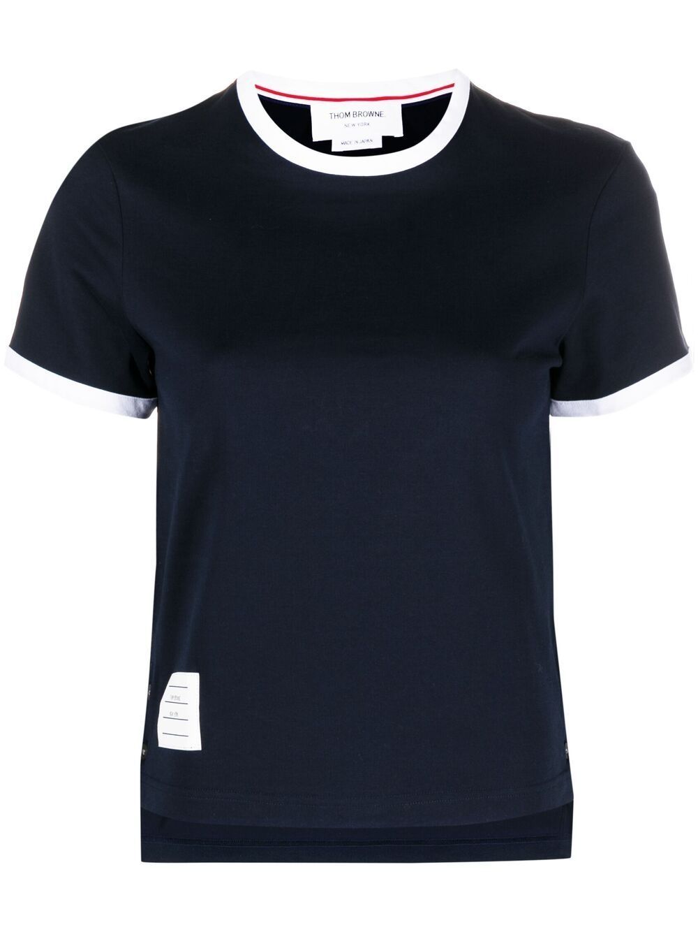 THOM BROWNE Cotton T-Shirt with Signature Contrast Trim and Asymmetric Hem