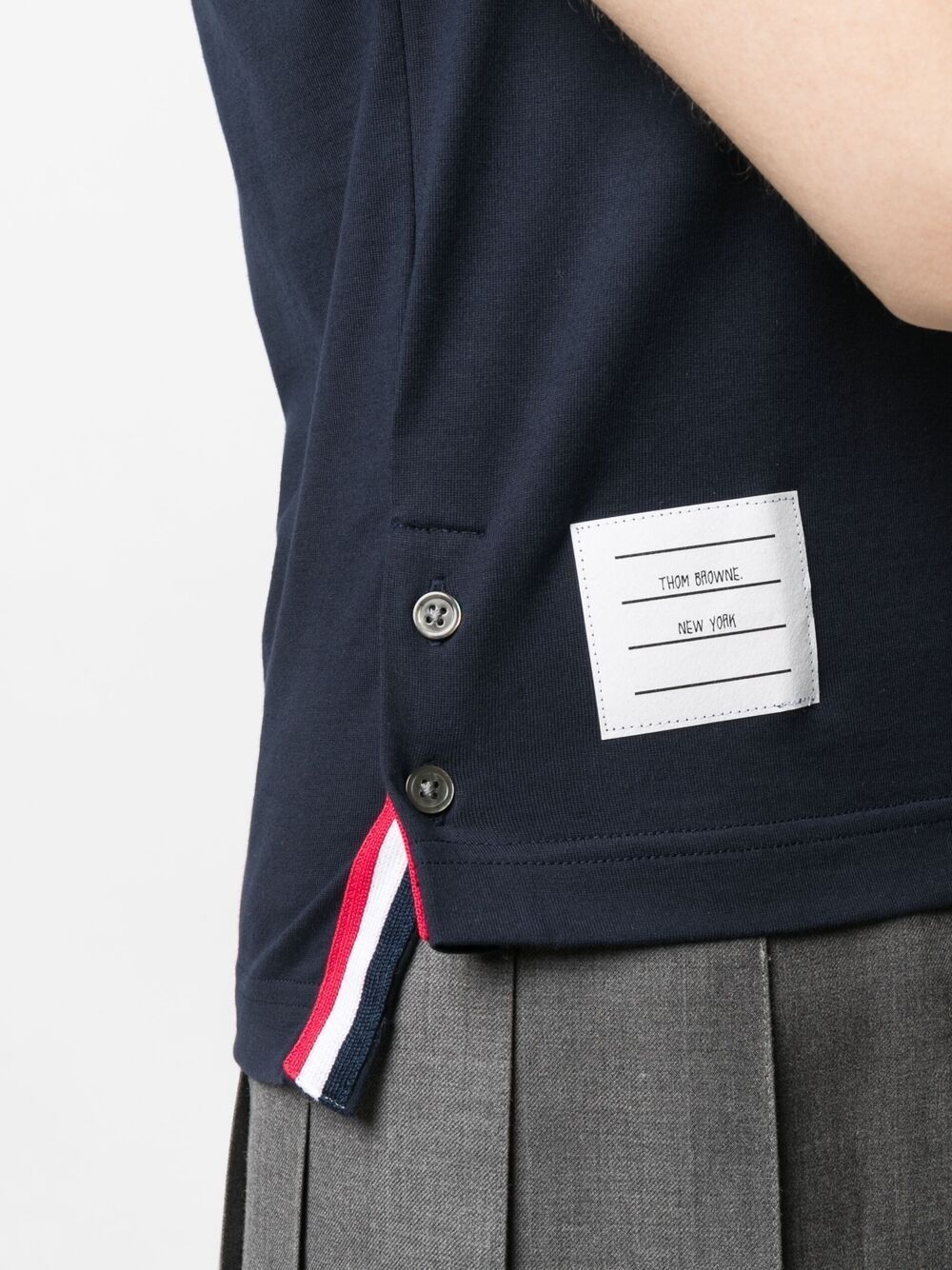 THOM BROWNE Cotton T-Shirt with Signature Contrast Trim and Asymmetric Hem
