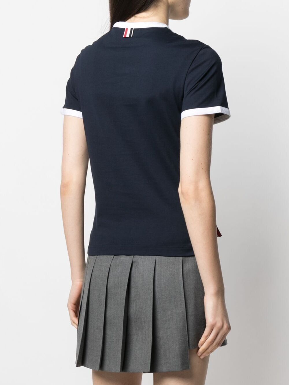 THOM BROWNE Cotton T-Shirt with Signature Contrast Trim and Asymmetric Hem